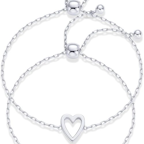 14K Gold Plated Matching Heart Charms Solitaire Bracelet Set for Women | Adjustable Valentines Day Love Friendship Two Bracelet Pack