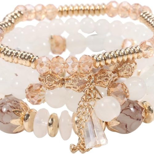 4Pcs Bohemia Multilayer Stackable Beaded Bracelets Set Colorful Crystal Stone Gold Beaded Stretch Bracelets Hawaii Charm Bracelet for Women Men Summer Beach Boho Vacation Jewelry Gifts