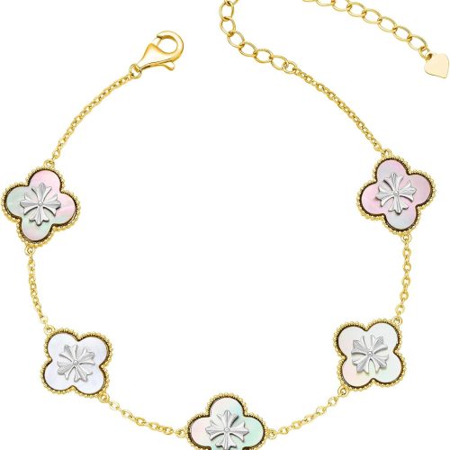 18K Gold Plated Clover Bracelet, Mother of Pearl Four Leaf Flower Bracelet for Women, 6.9" + 2" Adjustable Bracelet, Cross Motif, Gold or Silver Tone