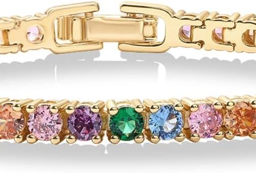14K Gold Plated 3mm Multi Colored CZ Tennis Bracelet | Vibrant & Bohemian Cubic Zirconia Bracelet for Women | Size 6.5-7.5 Inch