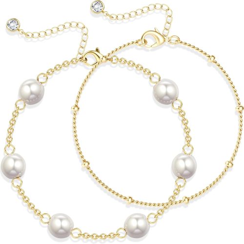 16K Gold Plated Bracelet for Women,Gold and Pearl Bracelet Dainty Simple Pearl Bracelets for Womens Non Tarnish Pearl Bracelet Stack Non Tarnish Layered Bracelets for Women