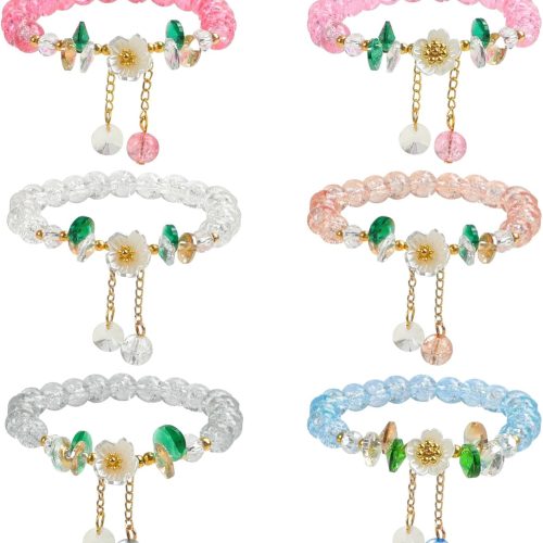 6Packs Colorful Flower Crystal Bracelets,Handmade Stretch Bracelet Floral Beaded Bracelets for Women Jewelry