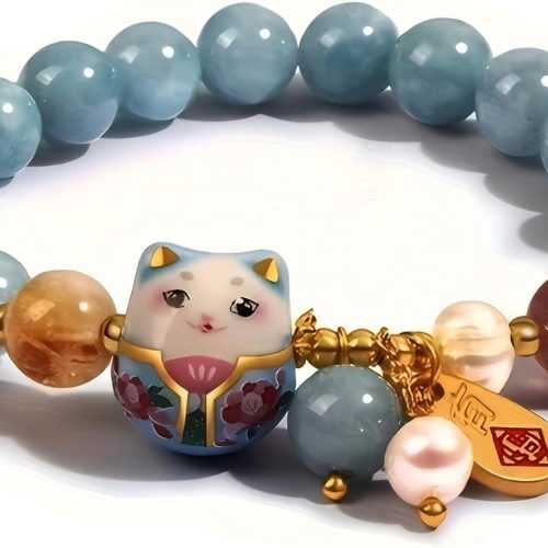 Lucky Cat Bracelet with Blue Crystal, Ceramic Cat Pendant, Feng Shui Good Luck Jewelry for Women, Wealth & Protection Bracelet