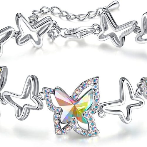 Valentine's Day Gift For Women Butterfly Link Charm Bracelet with Premium Birthstone Crystal, Silver-Tone, 7”+2” Chain