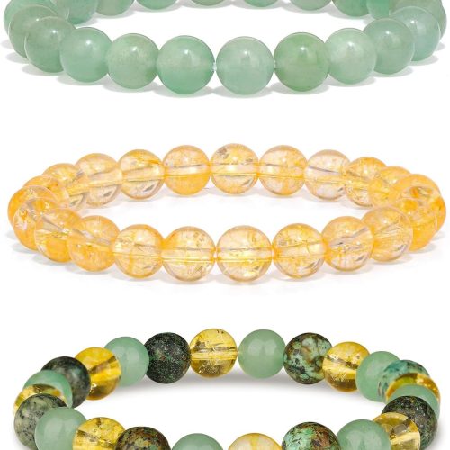 3pcs Wealth Money Bracelets,Healing Crystal Citrine African Turquoise Bracelets for Women Men,Lucky Feng Shui 8mm Natural Stone Green Aventurine Beaded Spiritual Gemstone Jewelry Gifts